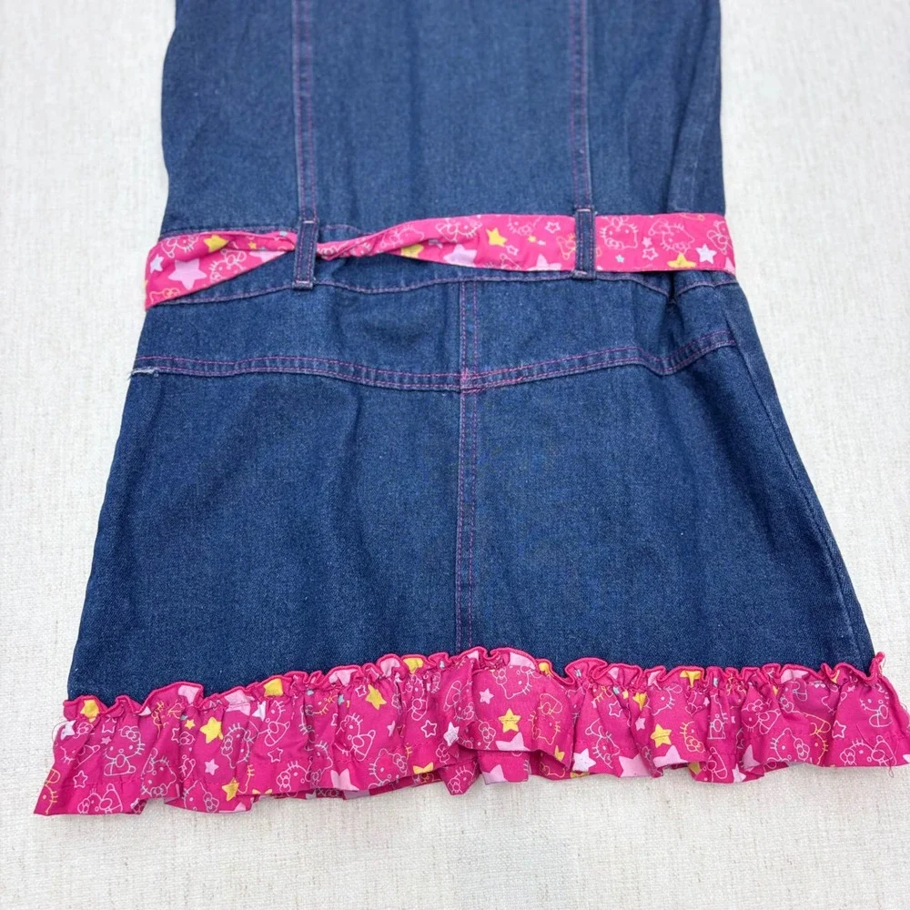 Hello Kitty Girls Denim Shirt Dress Blue Pink Ruffle Embroidered Size 12 Y2K